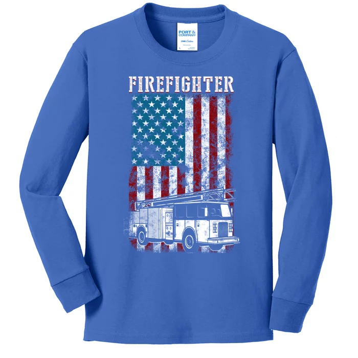 Fire Fire Truck Tattered Firefighter American Flag Great Gift Kids Long Sleeve Shirt