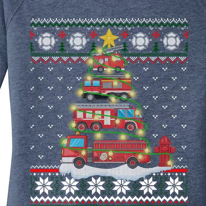 Firefighter Fire Truck Christmas Tree Xmas Gift Ugly Sweater Gift Women's Perfect Tri Tunic Long Sleeve Shirt