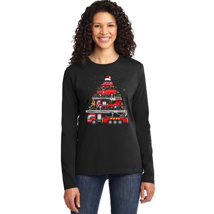 Firefighter Fire Truck Christmas Tree Lights Santa Ladies Long Sleeve Shirt