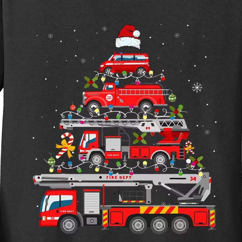 Firefighter Fire Truck Christmas Tree Lights Santa Kids Long Sleeve Shirt