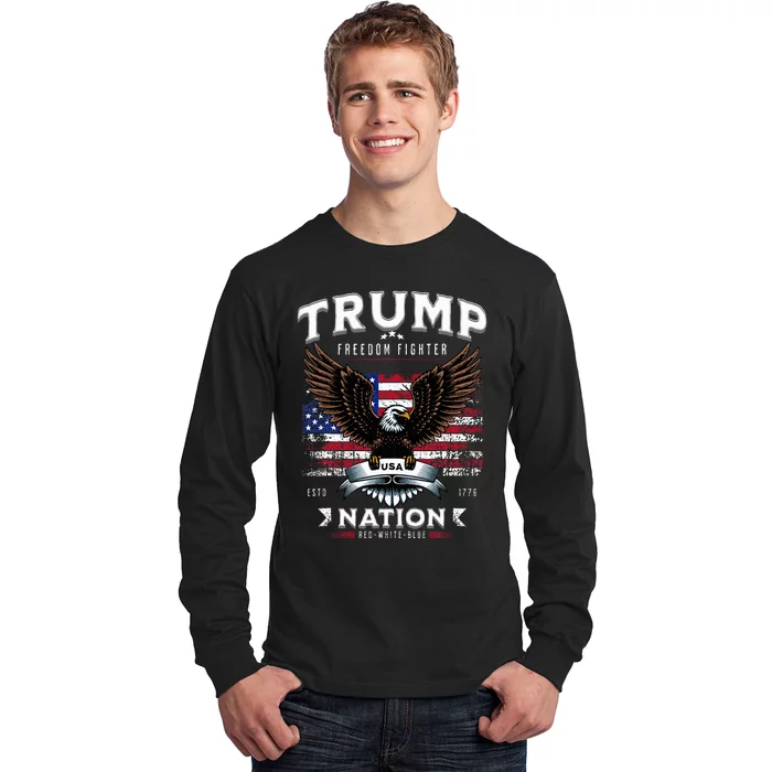 Freedom Fighter Trump Patriotic Eagle Usa Flag Long Sleeve Shirt