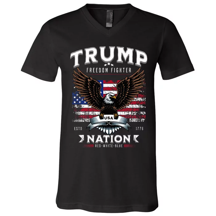 Freedom Fighter Trump Patriotic Eagle Usa Flag V-Neck T-Shirt