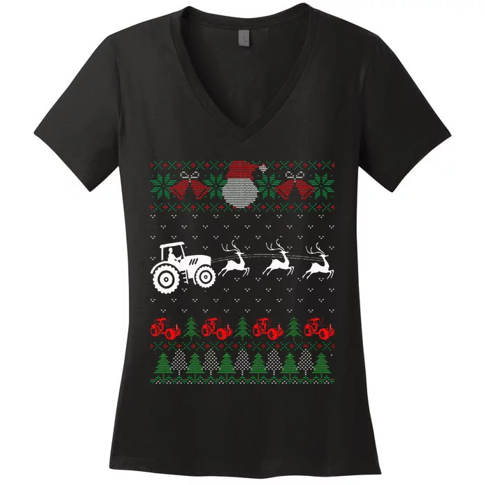 Farming Farmer Tractor Ugly Christmas Sweaters Family Women's V-Neck T-Shirt