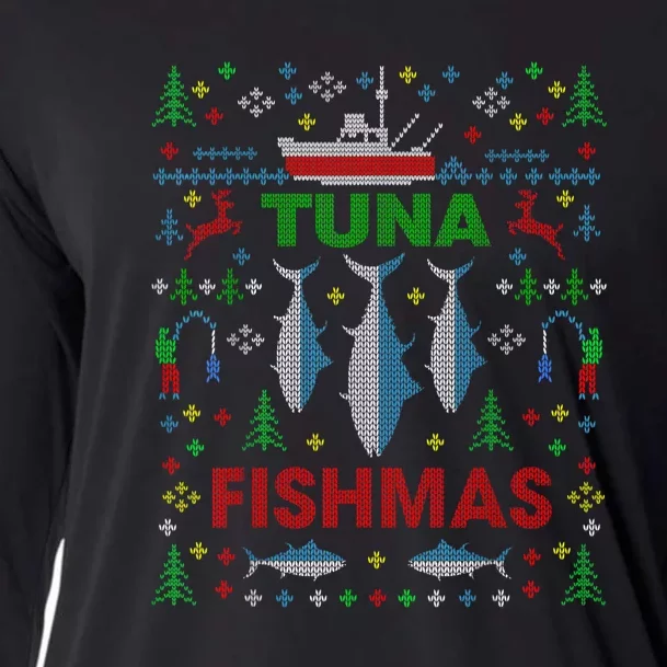 Funny Fish Tuna Fishmas Ugly Christmas Sweater Party Fisherman Cooling Performance Long Sleeve Crew