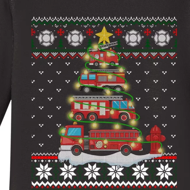 Firefighter Fire Truck Christmas Tree Xmas Gift Ugly Sweater Baby Long Sleeve Bodysuit