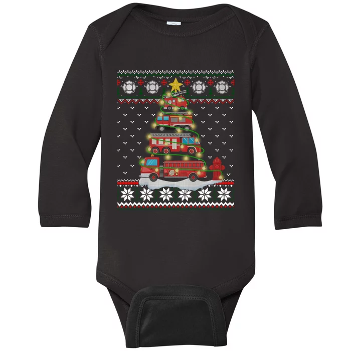 Firefighter Fire Truck Christmas Tree Xmas Gift Ugly Sweater Baby Long Sleeve Bodysuit