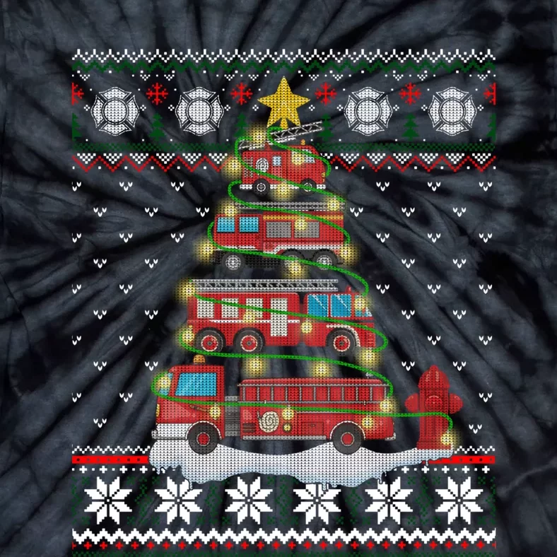 Firefighter Fire Truck Christmas Tree Xmas Gift Ugly Sweater Tie-Dye T-Shirt