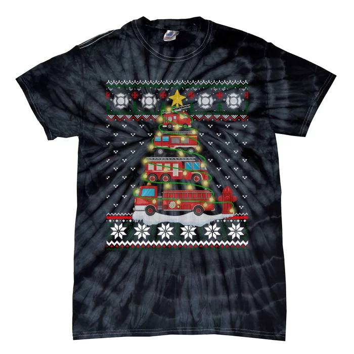 Firefighter Fire Truck Christmas Tree Xmas Gift Ugly Sweater Tie-Dye T-Shirt