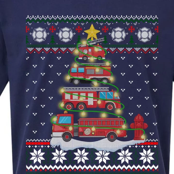 Firefighter Fire Truck Christmas Tree Xmas Gift Ugly Sweater Sueded Cloud Jersey T-Shirt