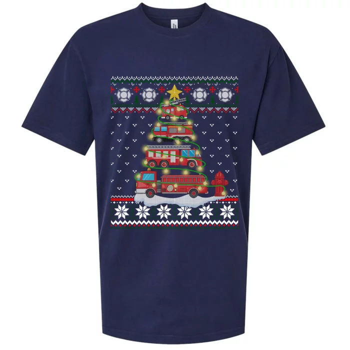 Firefighter Fire Truck Christmas Tree Xmas Gift Ugly Sweater Sueded Cloud Jersey T-Shirt