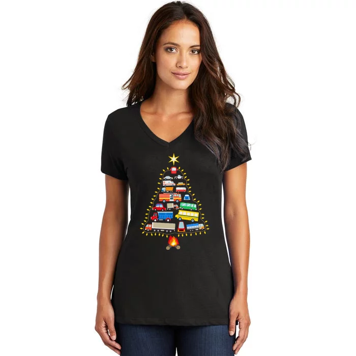 Firefighter Fire Truck Christmas Tree Xmas Tshirt Women's V-Neck T-Shirt