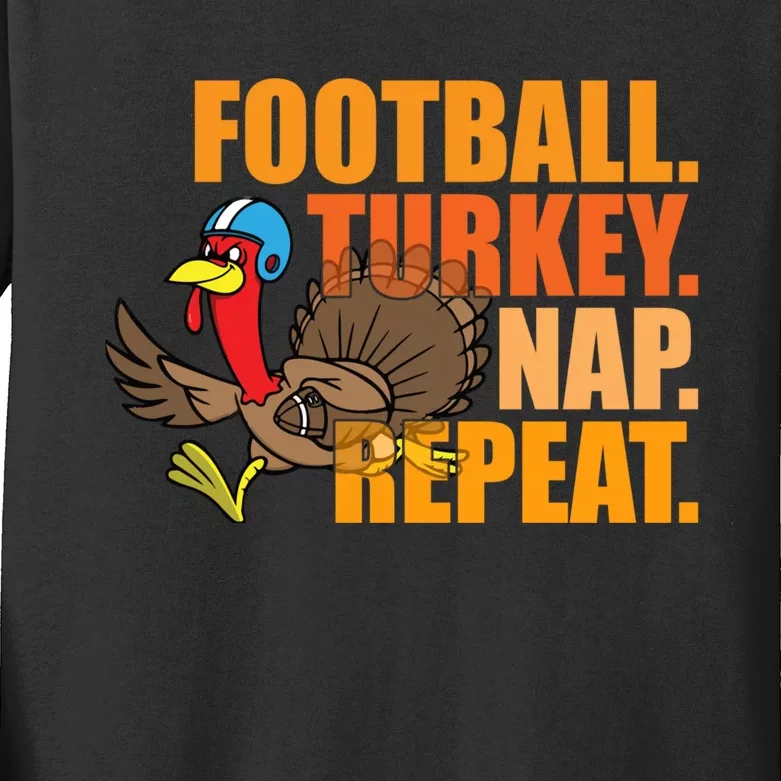 Funny Football Turkey Nap Repeat Thanksgiving Kids Long Sleeve Shirt