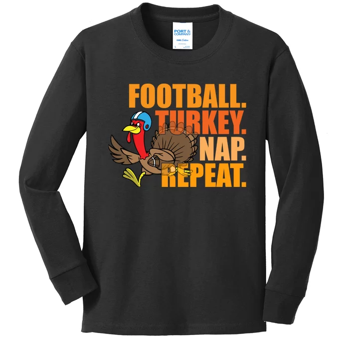 Funny Football Turkey Nap Repeat Thanksgiving Kids Long Sleeve Shirt