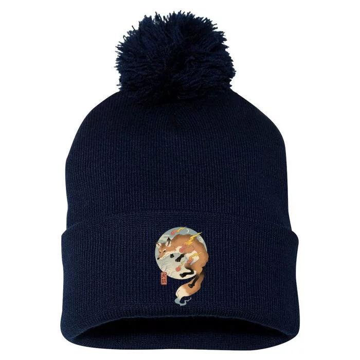 Fire Fox Ukiyo E Japanese Pom Pom 12in Knit Beanie