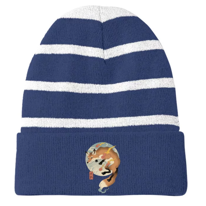 Fire Fox Ukiyo E Japanese Striped Beanie with Solid Band