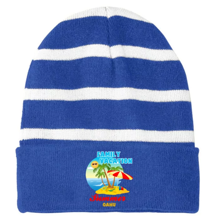 Funny Family Vacation Summer Oahu 2024 Beach Trip Gift Striped Beanie with Solid Band