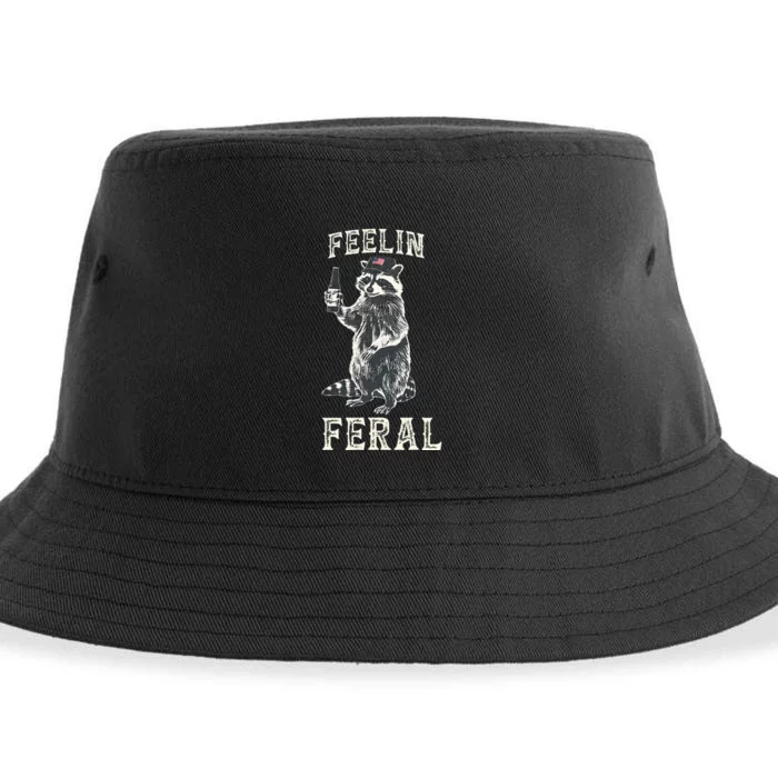 Feelin Feral Vintage Retro Funny Raccoon With Beer Lovers Sustainable Bucket Hat