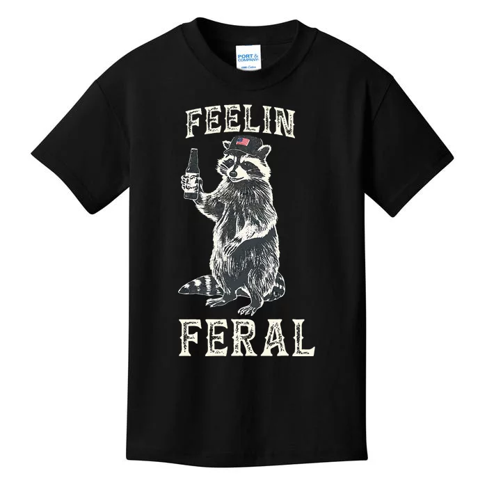 Feelin Feral Vintage Retro Funny Raccoon With Beer Lovers Kids T-Shirt