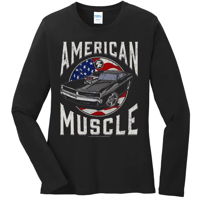 Fast & Furious Vintage American Muscle Flag Fill Ladies Long Sleeve Shirt