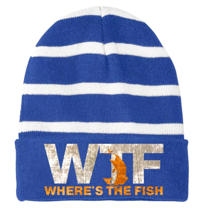 Funny Fishing Wtf Wheres The Fish Fisher Joke Gift Striped Beanie with Solid Band