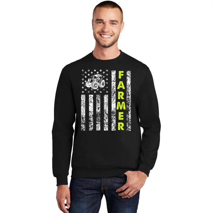 funny Flag With Tractor Patriotic Farmer Tall Sweatshirt