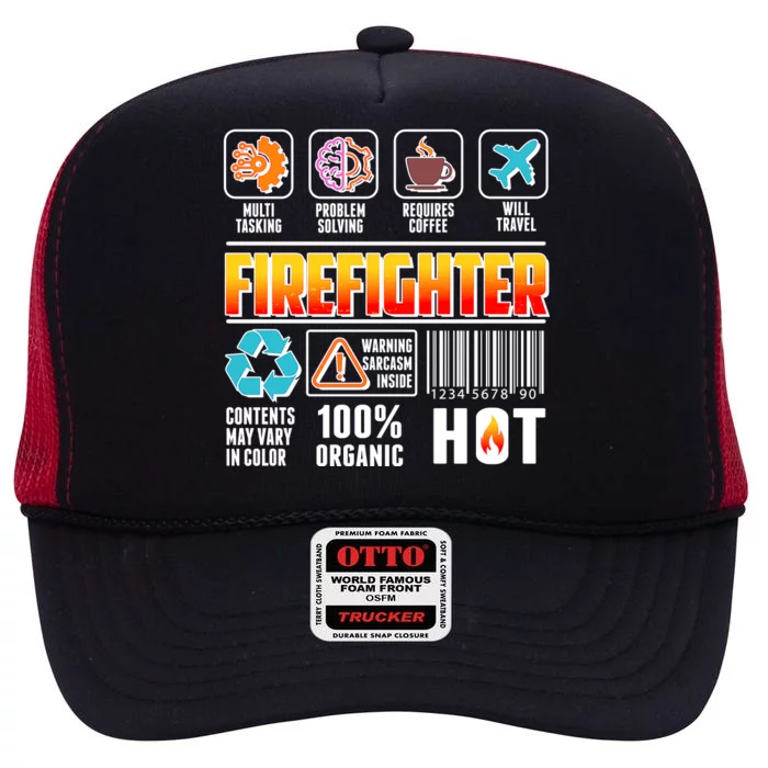 Funny Firefighter Warning Label High Crown Mesh Trucker Hat