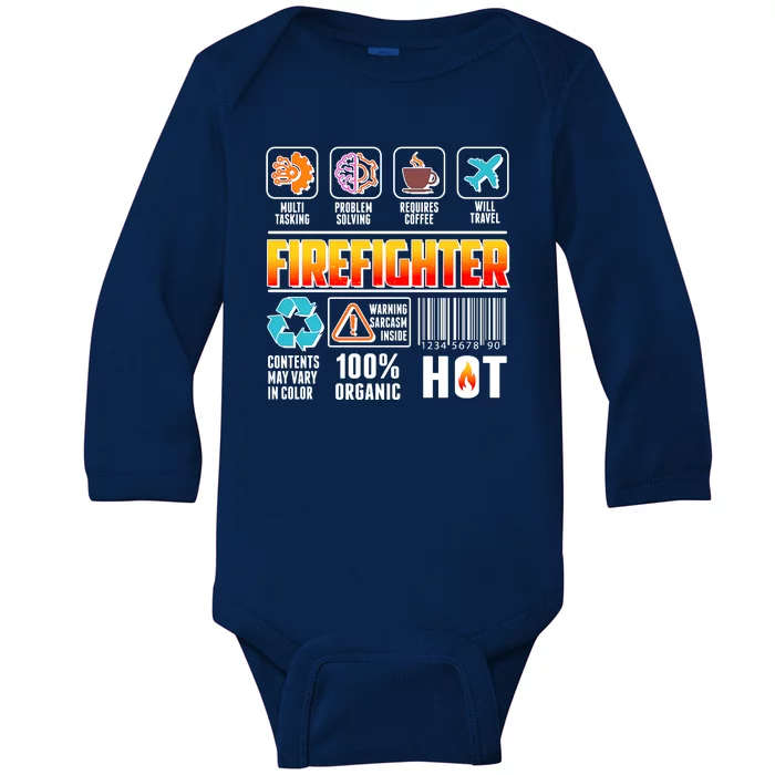 Funny Firefighter Warning Label Baby Long Sleeve Bodysuit