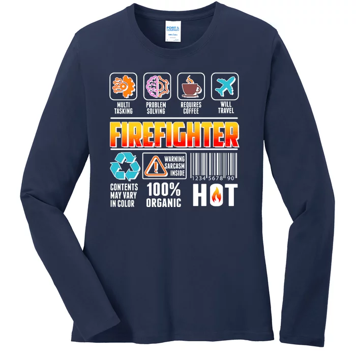 Funny Firefighter Warning Label Ladies Long Sleeve Shirt