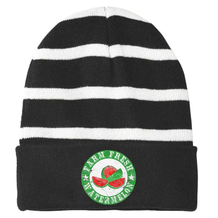 Farm Fresh Watermelon Vintage Retro Striped Beanie with Solid Band