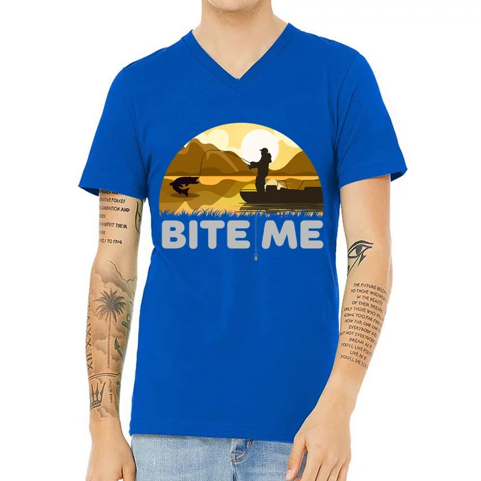 Funny Fishing With A Slogan Bite Me And A Hook Cool Gift V-Neck T-Shirt