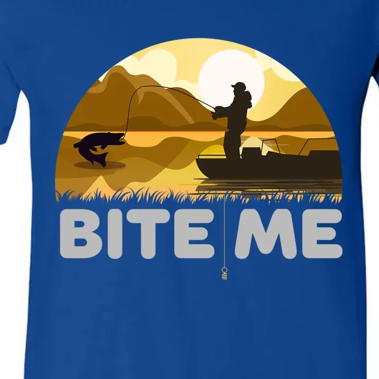 Funny Fishing With A Slogan Bite Me And A Hook Cool Gift V-Neck T-Shirt