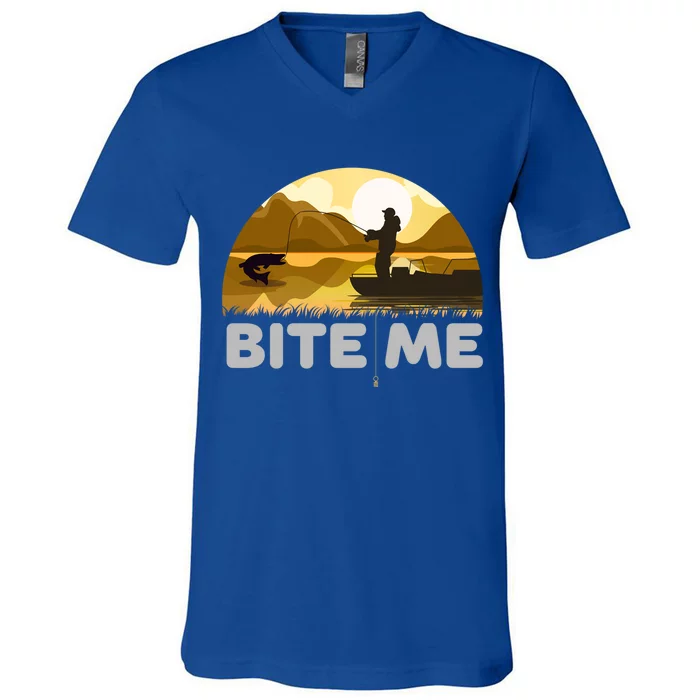 Funny Fishing With A Slogan Bite Me And A Hook Cool Gift V-Neck T-Shirt