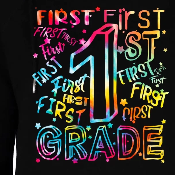 First Grade 1st Grade Tie Dye Word Art Womens Funnel Neck Pullover Hood