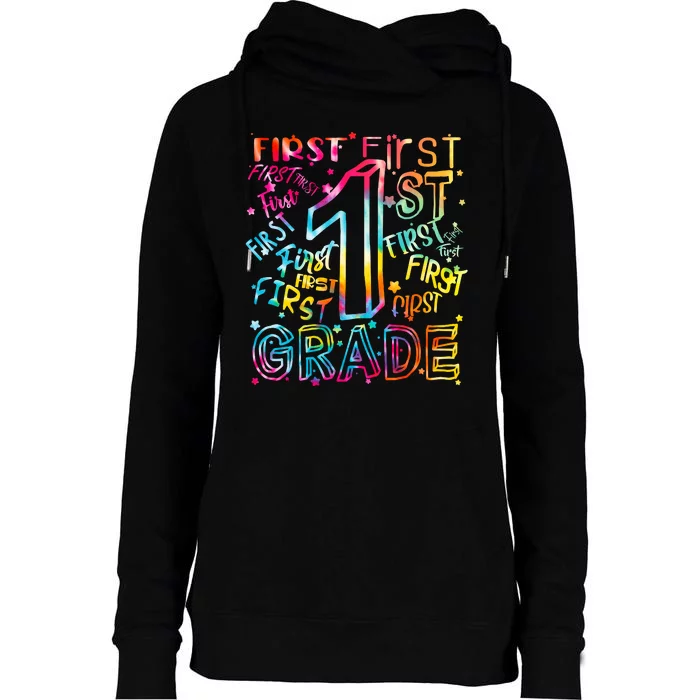 First Grade 1st Grade Tie Dye Word Art Womens Funnel Neck Pullover Hood