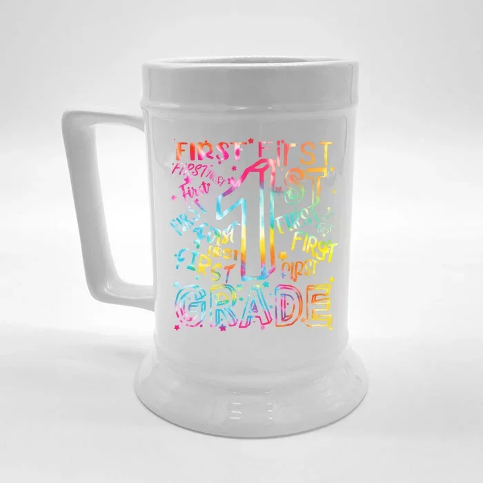 First Grade 1st Grade Tie Dye Word Art Front & Back Beer Stein