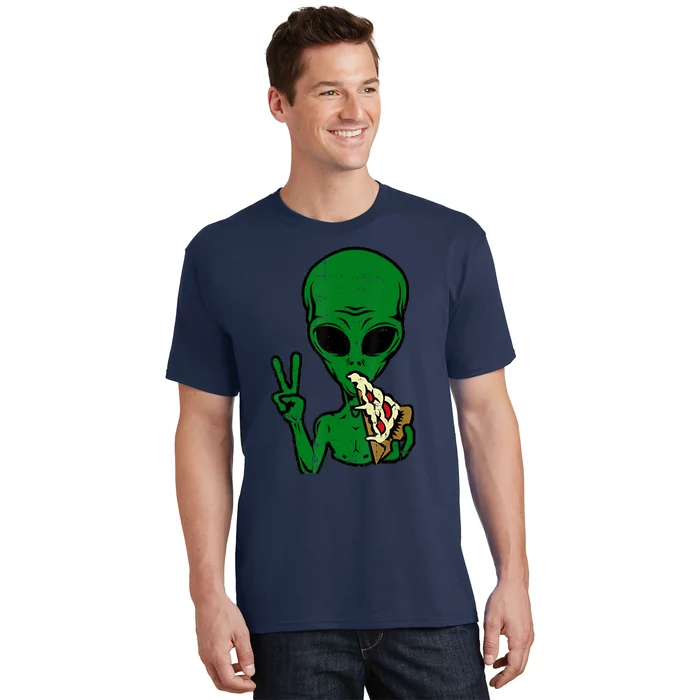 Funny Green Alien Eat Pizza Say Hi Aliens Picture T-Shirt