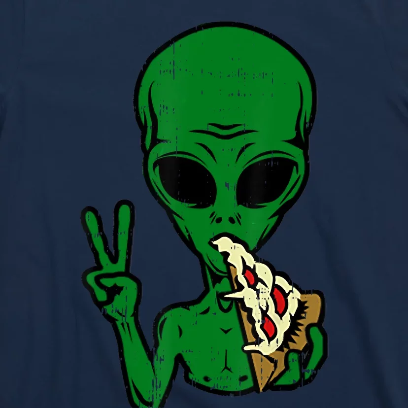 Funny Green Alien Eat Pizza Say Hi Aliens Picture T-Shirt