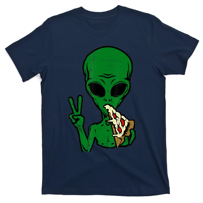 Funny Green Alien Eat Pizza Say Hi Aliens Picture T-Shirt