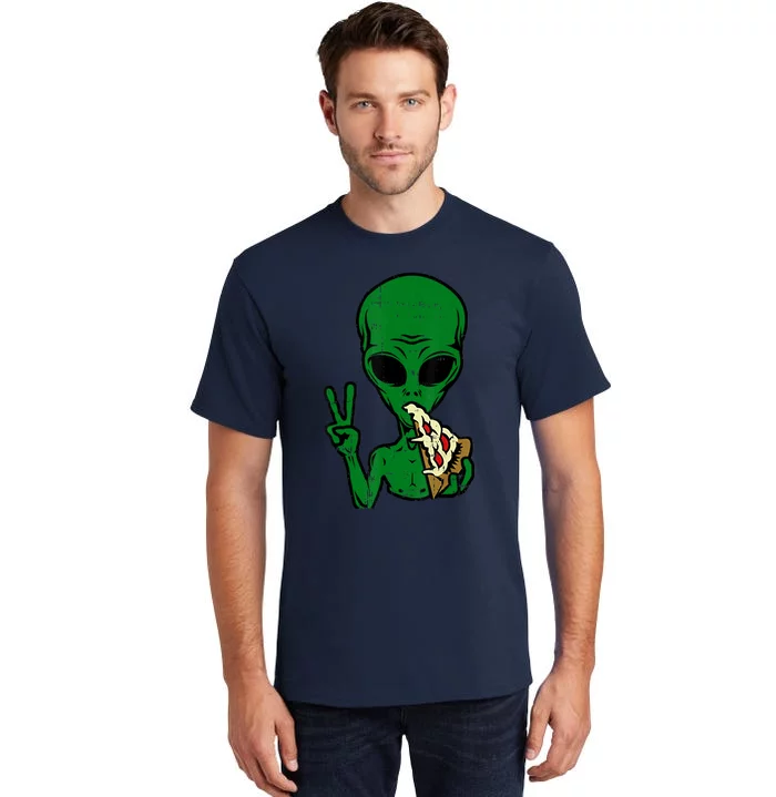 Funny Green Alien Eat Pizza Say Hi Aliens Picture Tall T-Shirt