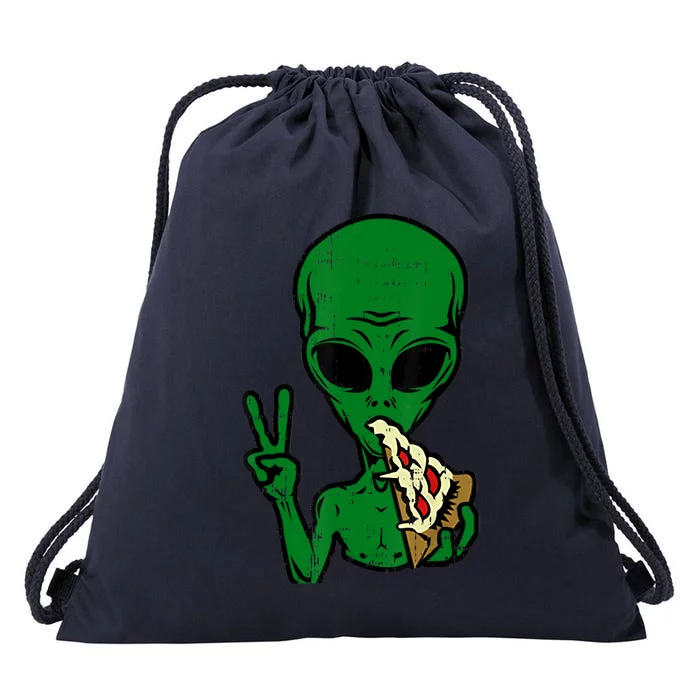 Funny Green Alien Eat Pizza Say Hi Aliens Picture Drawstring Bag