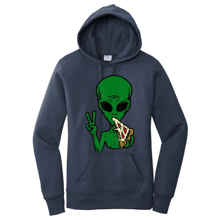 Funny Green Alien Eat Pizza Say Hi Aliens Picture Women's Pullover Hoodie