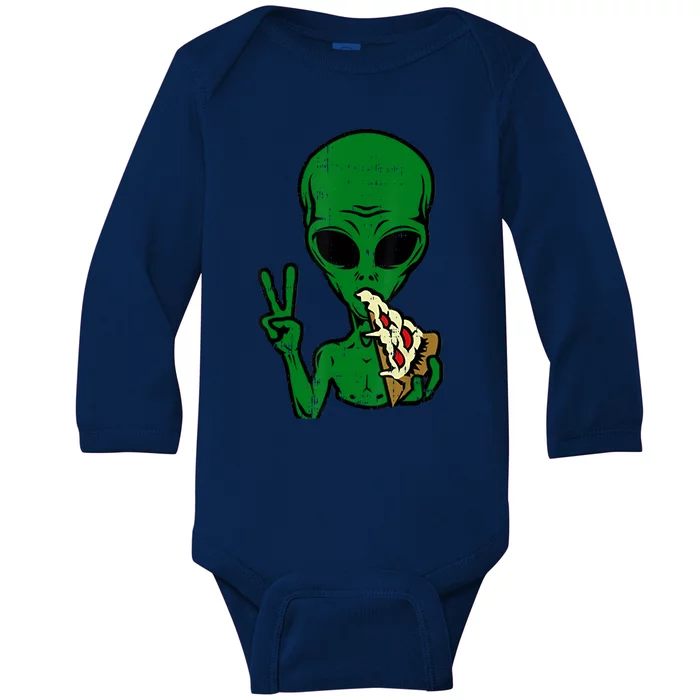 Funny Green Alien Eat Pizza Say Hi Aliens Picture Baby Long Sleeve Bodysuit