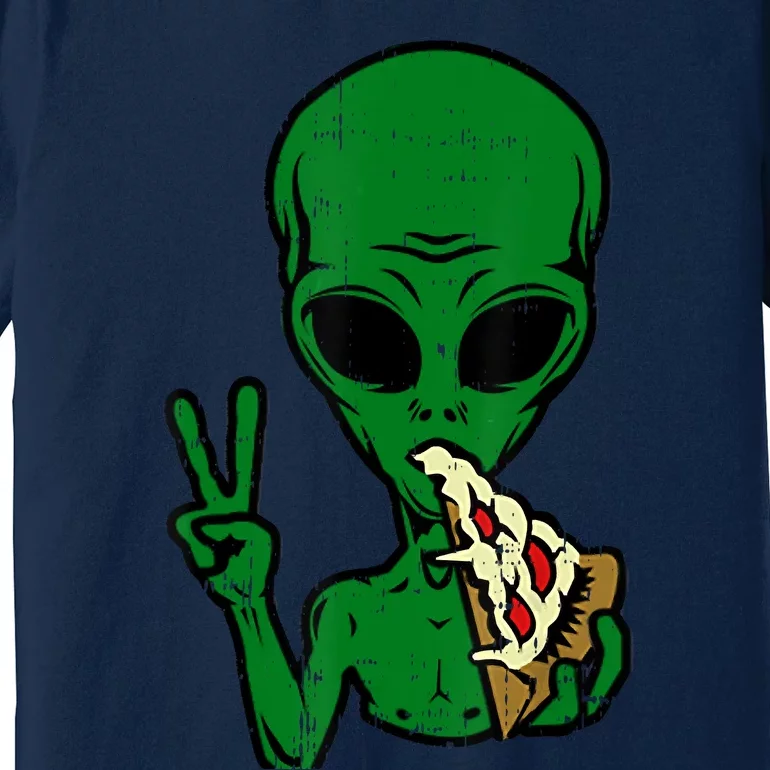 Funny Green Alien Eat Pizza Say Hi Aliens Picture Premium T-Shirt