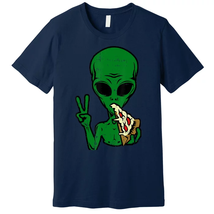 Funny Green Alien Eat Pizza Say Hi Aliens Picture Premium T-Shirt