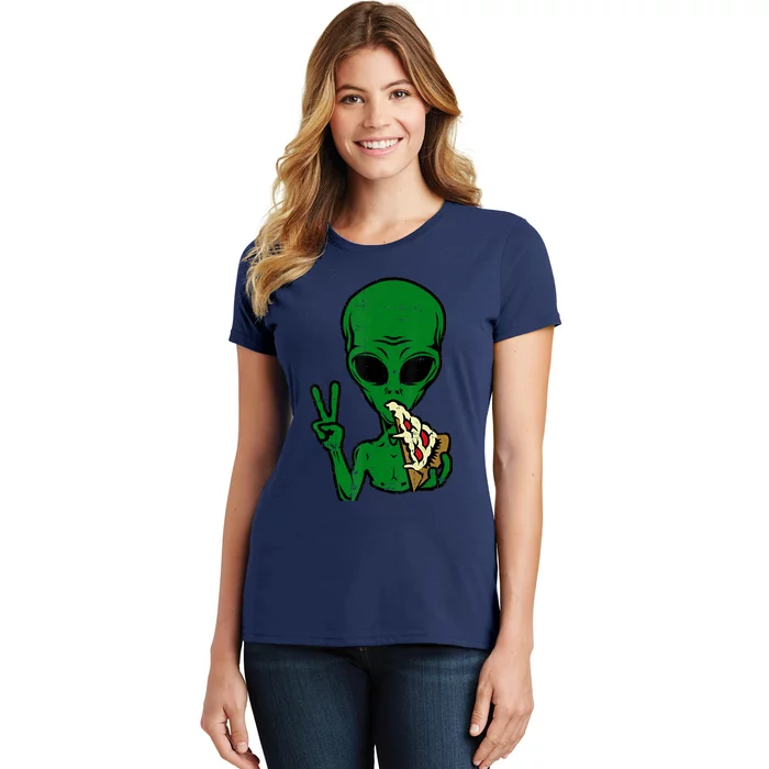 Funny Green Alien Eat Pizza Say Hi Aliens Picture Women's T-Shirt