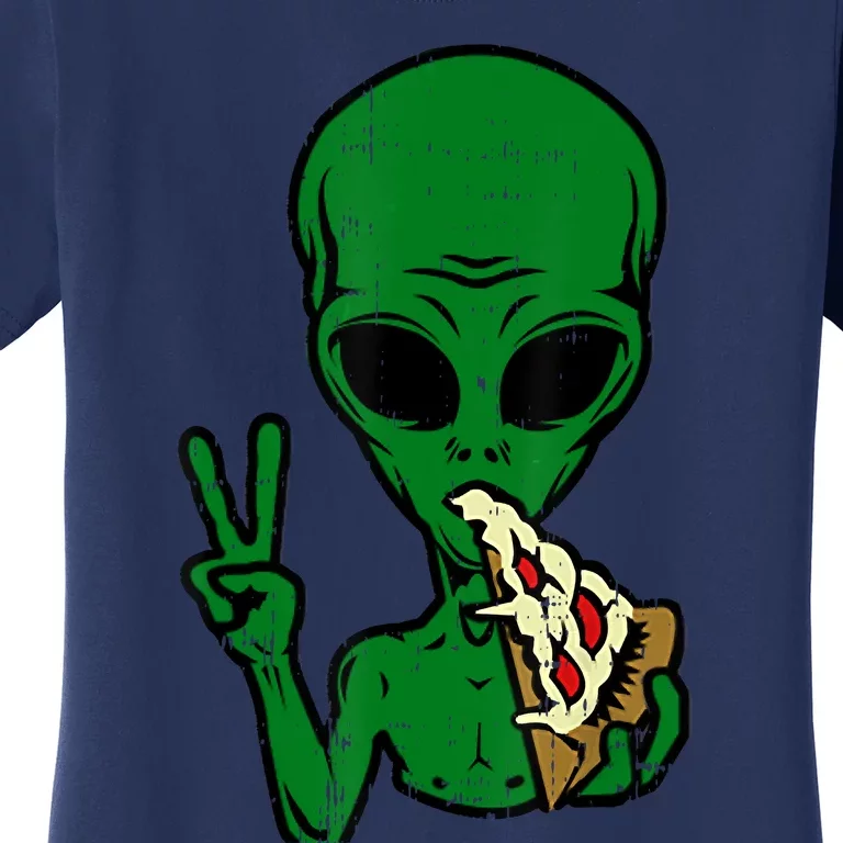 Funny Green Alien Eat Pizza Say Hi Aliens Picture Women's T-Shirt