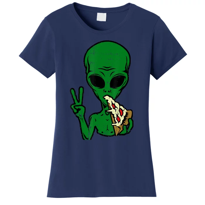 Funny Green Alien Eat Pizza Say Hi Aliens Picture Women's T-Shirt