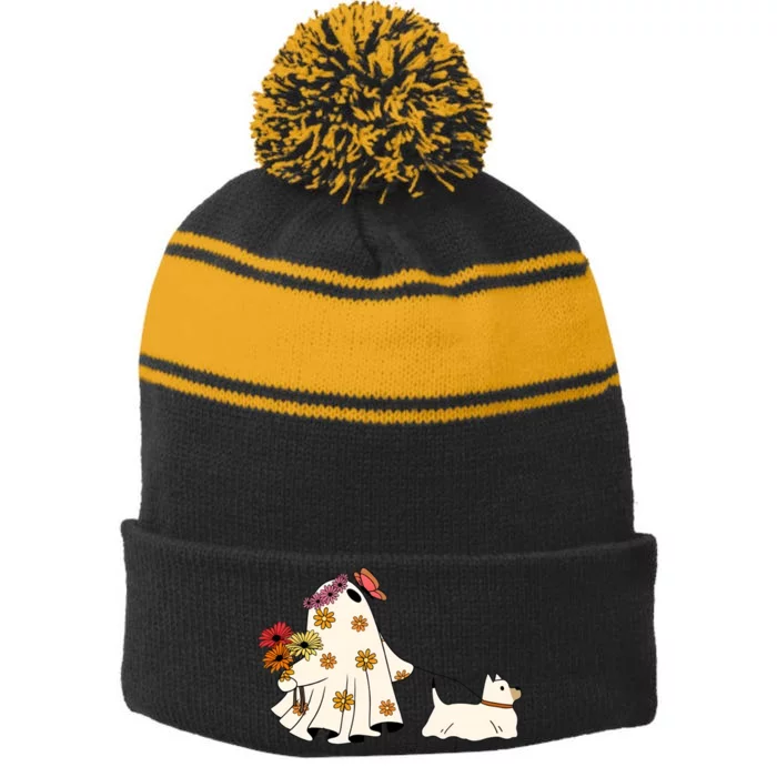 Funny Ghost And Dog Halloween Stripe Pom Pom Beanie