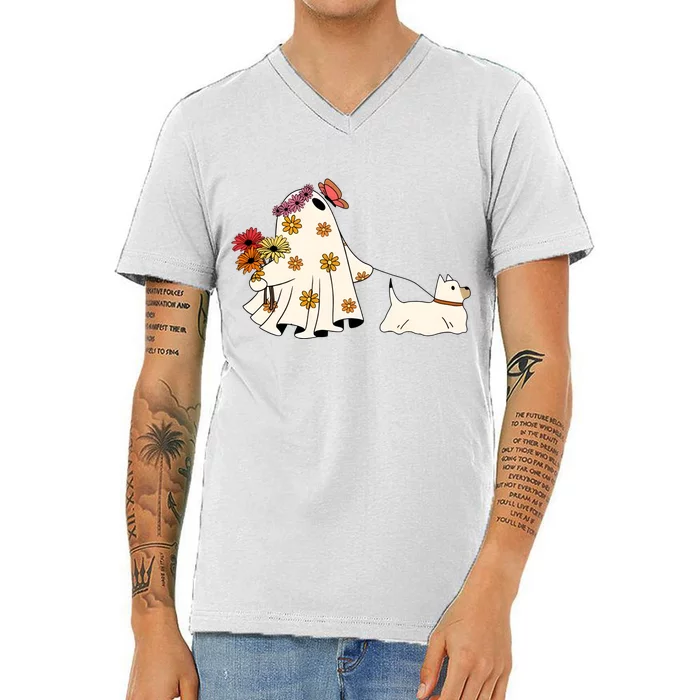 Funny Ghost And Dog Halloween V-Neck T-Shirt