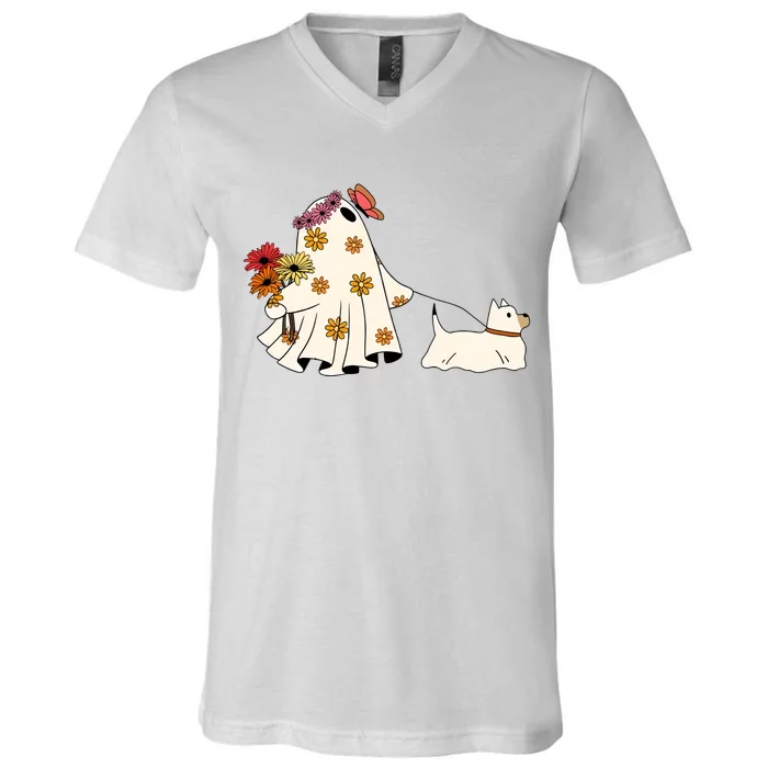 Funny Ghost And Dog Halloween V-Neck T-Shirt